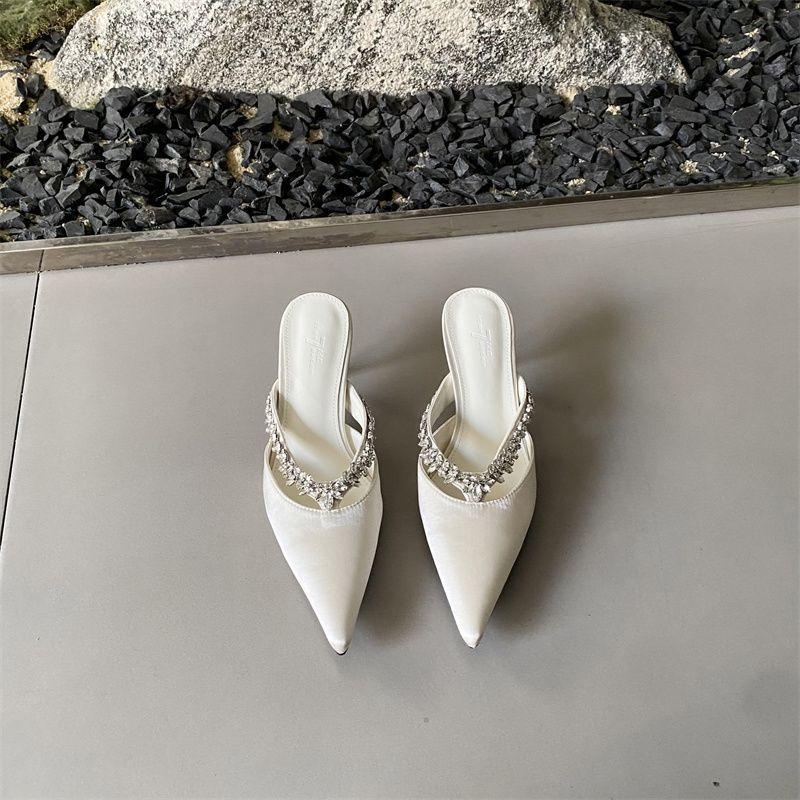 

2025 new French rhinestone one-word belt wear thick heel half slippers women s skirt sexy mixed with muller shoes 39
