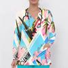 Women Plus Size Blue Pink White Printed V Neck Long Sleeve Nurse Scrub Top With Front Pockets