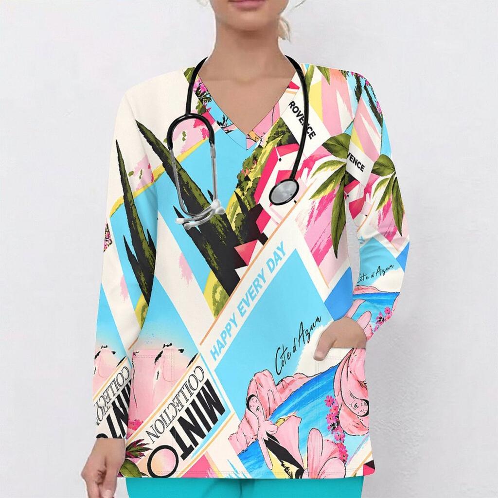 Women Plus Size Blue Pink White Printed V Neck Long Sleeve Nurse Scrub Top With Front Pockets