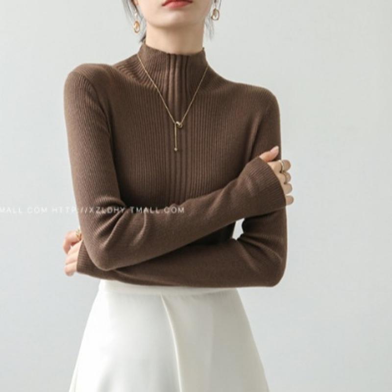 Women's Knitted Sweater Autumn/Winter New Style Apricot Long Sleeve Half High Collar Bottom Shirt