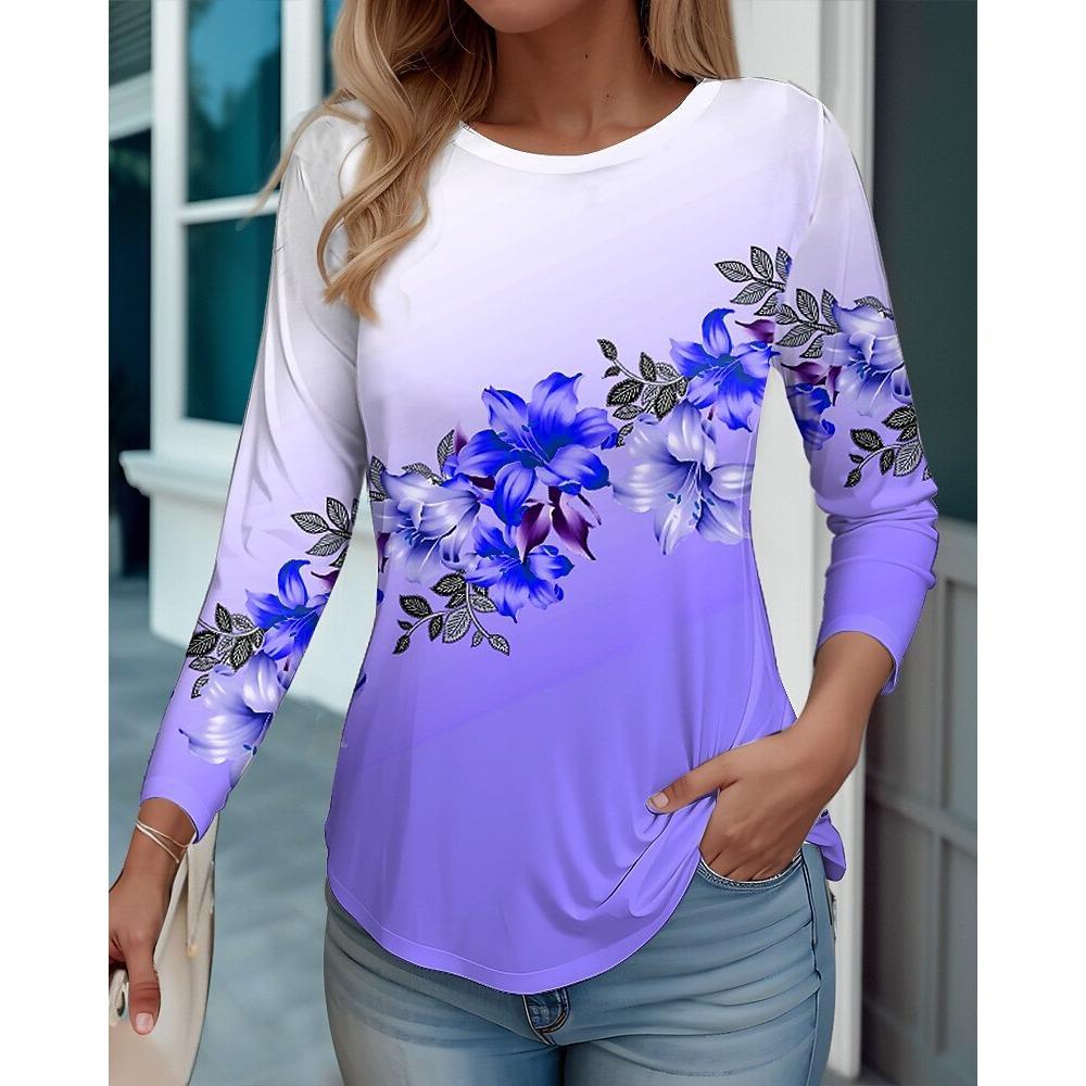Frühlings- und Herbst-Rundhals-T-Shirts mit 3D-Blumenprint, modische, lässige Damen-Langarm-T-Shirts