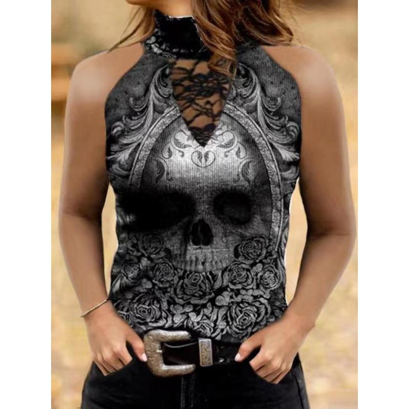 Women's Lace Turtleneck Skull Floral Print T-Shirt Gothic Long Sleeve Hollow Out Fashion Tops