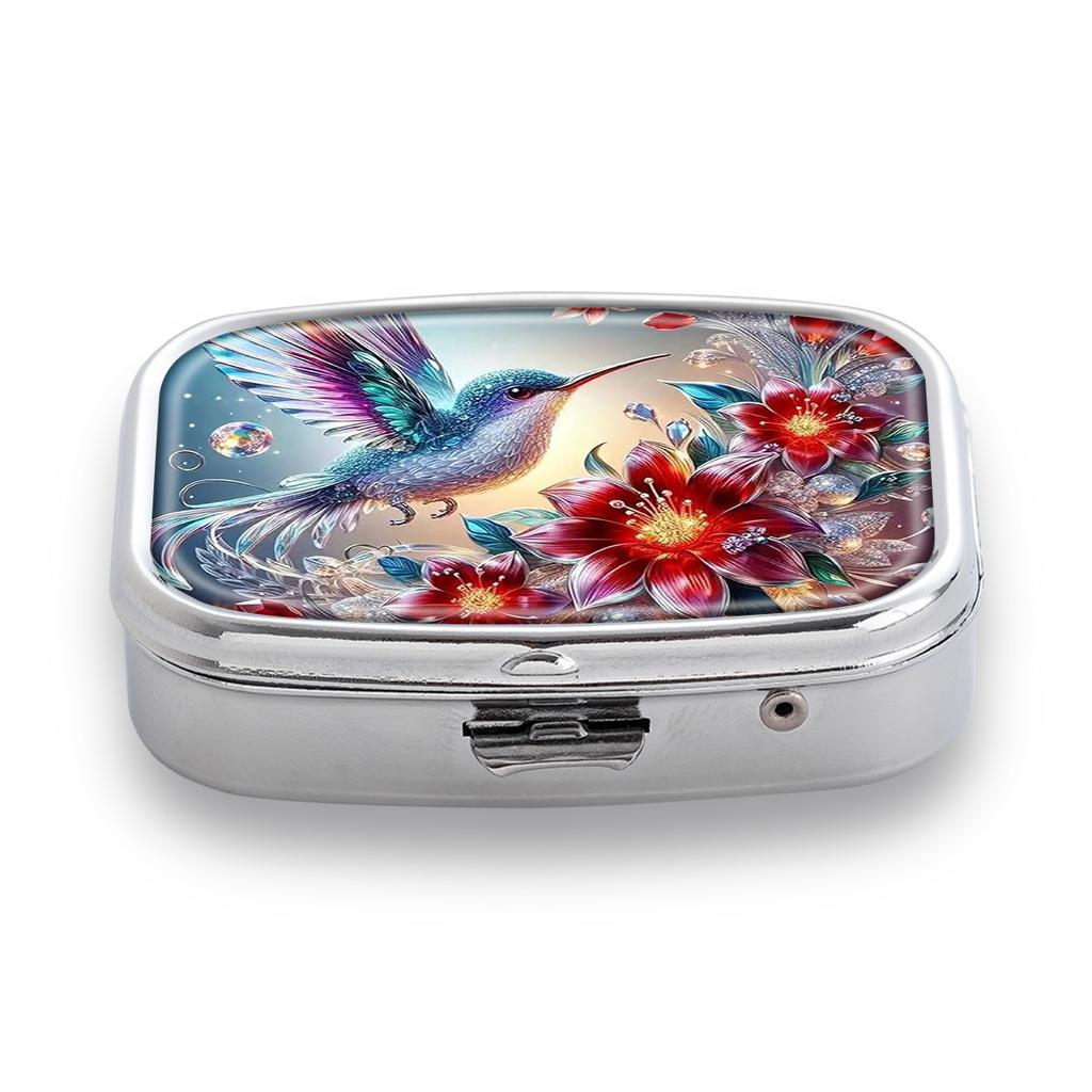Portapillole Portatile con 2 Scomparti, Mini Custodia Organizer in Metallo per Medicine, Carino Contenitore Stampato per Pillole, Vitamine, Gioielli, Viaggio, Uso Quotidiano