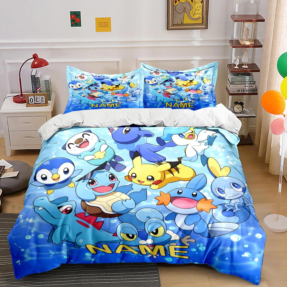 3PC Custom Name Pokemon Cartoon Print Bedding Set Duvet Cover 1 Duvet Cover 2 Pillowcases Adult and Children Bedding Set Luxury