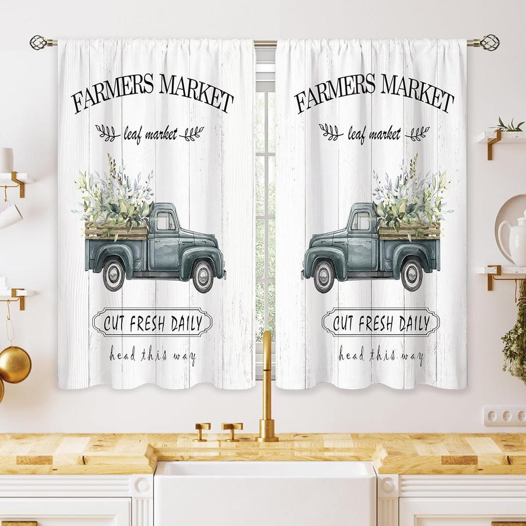 Green Boho Flower Small Kitchen Curtains Flower Plant Window Treatment Botanical Herb Chic Rod Pocket Cafe Short Window Curtains