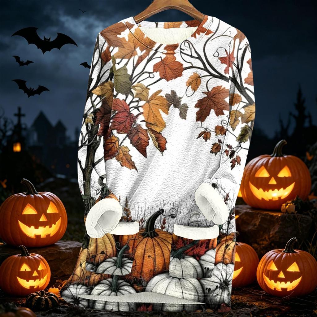 Women Long Sleeve Fleece Lined Tunic Sweater Dress with Halloween Print Soft Warm Thickened Sherpa Pullover for Autumn Winter