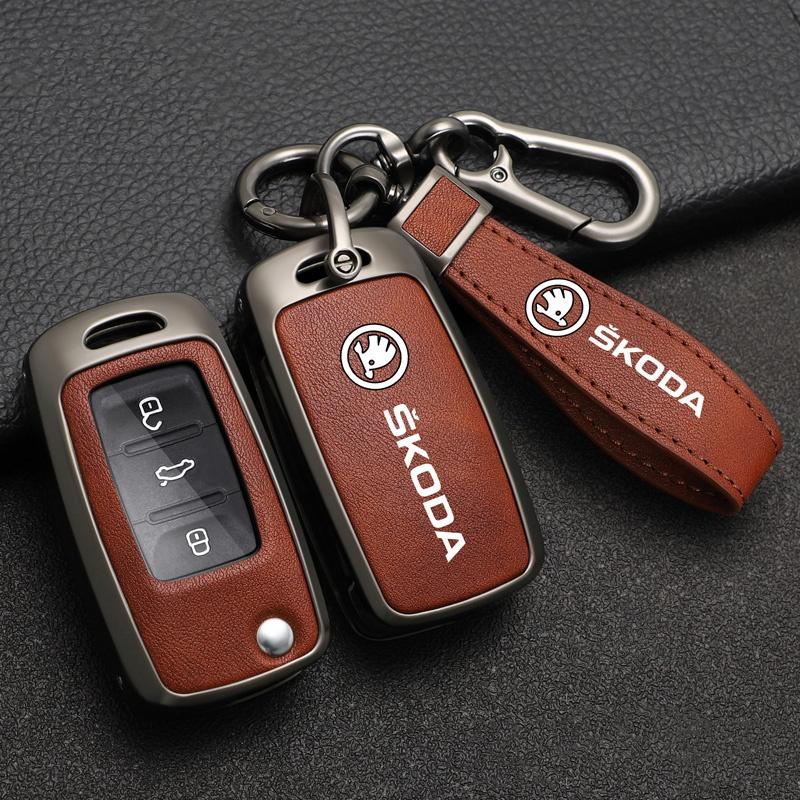 JKFB8 Alloy Leather Car Key Case Cover Holder Shell For Skoda Superb A7 Kodiaq Octavia A8 Auto Remote Protector Keychain Accessories
