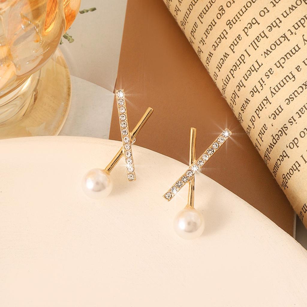 Cross Design Earrings with Cubic Zirconia Accents and Imitation Pearl Studs for Women Fashion Jewelry Accessories
