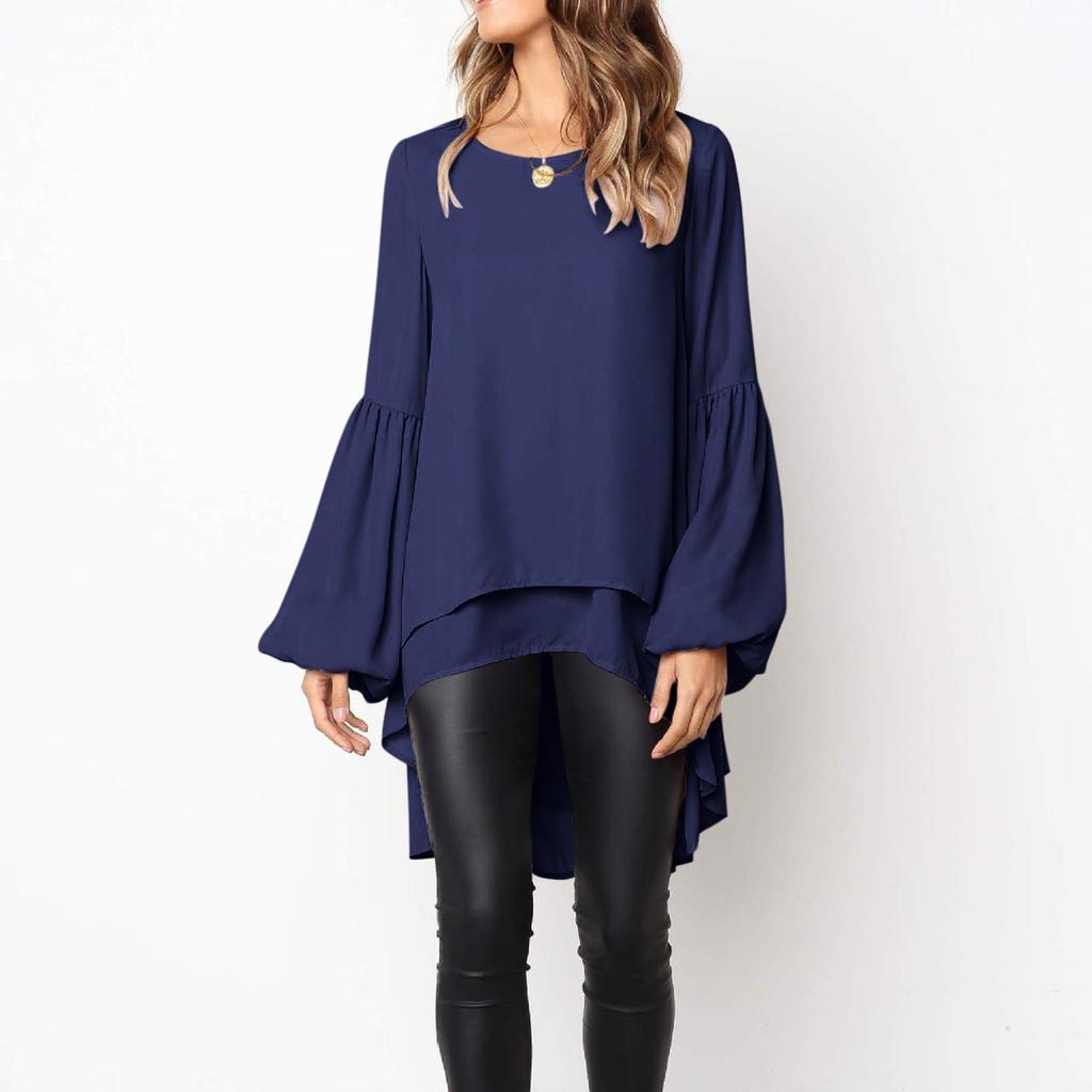 Women's Casual Round Neck Long Sleeve High Hem Irregular Double LayerTop Shirt