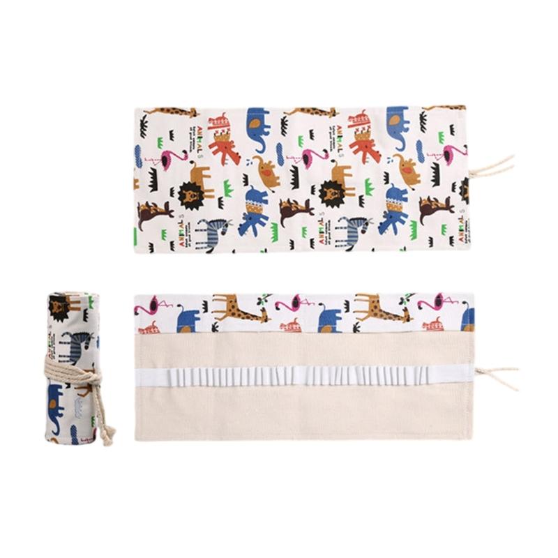 12/24/36/48 Holes Multifunctional Pencil Bag Canvas Pencil Case Lovely Animal Pencil Roll Canvas Pencil Wrap for Artists