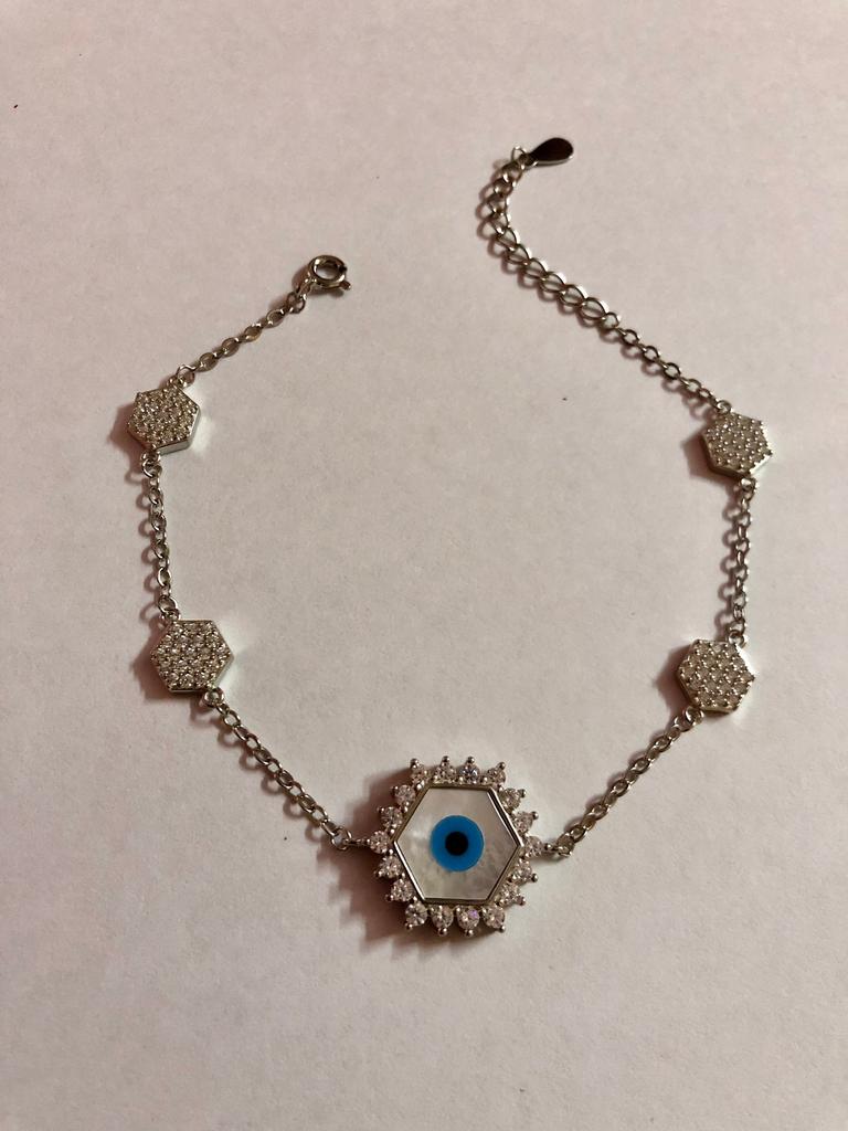 Artisan Crafted 925 Silver Evil Eye Protection Bracelet, Amulet Nazariya, Mother of Pearl Jewelry, Handmade, Handcrafted 7" + 1" ext, 6.2 gm