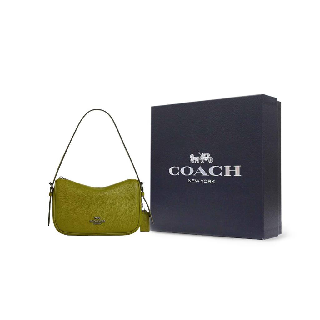 Coach 23 Kaylee Silver Metal Accessories Pebbled Leather Shoulder Bag Medium Women Shoulder Bag Bright-Olive CY707-QBXUH