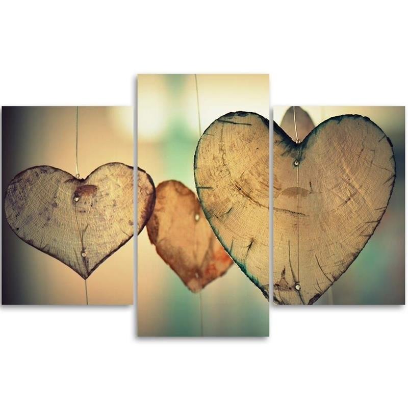Three Piece Picture Canvas Print Heart Wood Love Retro