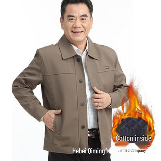 Férfi Tavaszi és Őszi Apa Hétköznapi Kabát - Középkorú és Idős, Hajtókás, Laza Szabású, Őszre és Télre Pamuttal Bélelt