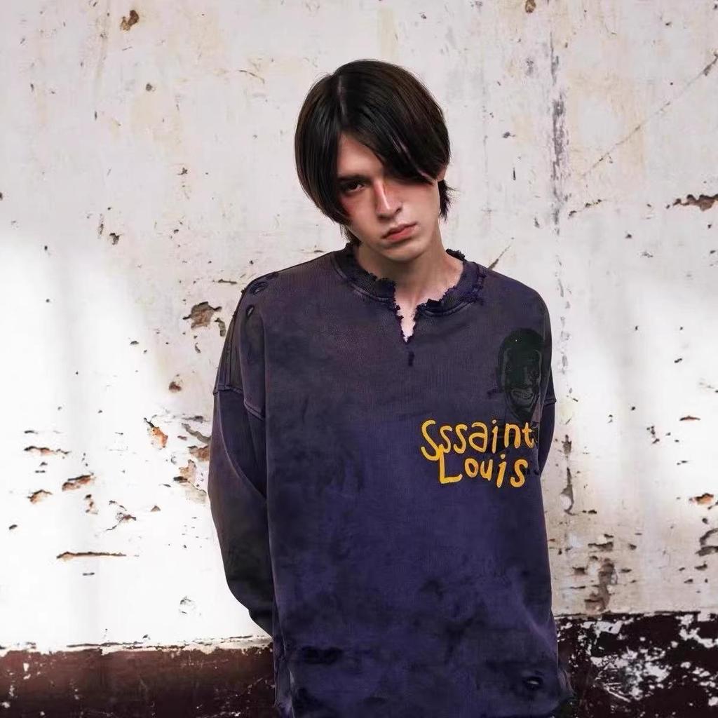 SAINT LOUIS Schweres Unisex-Sweatshirt - Ausgerissener Kragen, Gewaschen & Used-Look, 710g