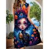 Robe Midi Sans Manches à Col Fendu pour Femme, Imprimé Fantaisie Florale Artistique, Robe Décontractée Coupe Ample pour les Vacances d'Été, la Plage, le Quotidien