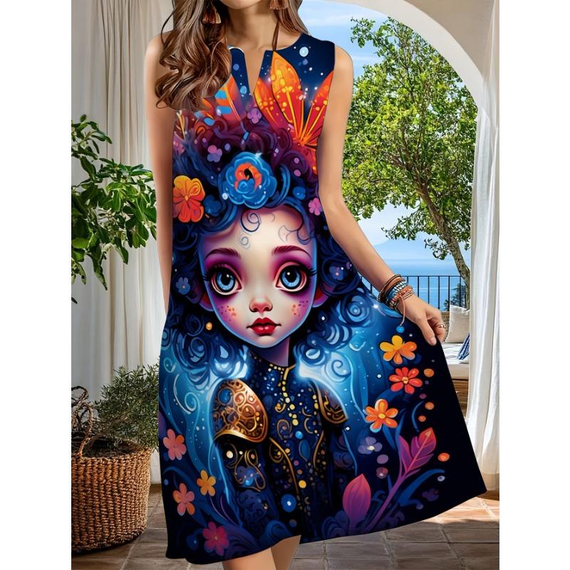 Robe Midi Sans Manches à Col Fendu pour Femme, Imprimé Fantaisie Florale Artistique, Robe Décontractée Coupe Ample pour les Vacances d'Été, la Plage, le Quotidien