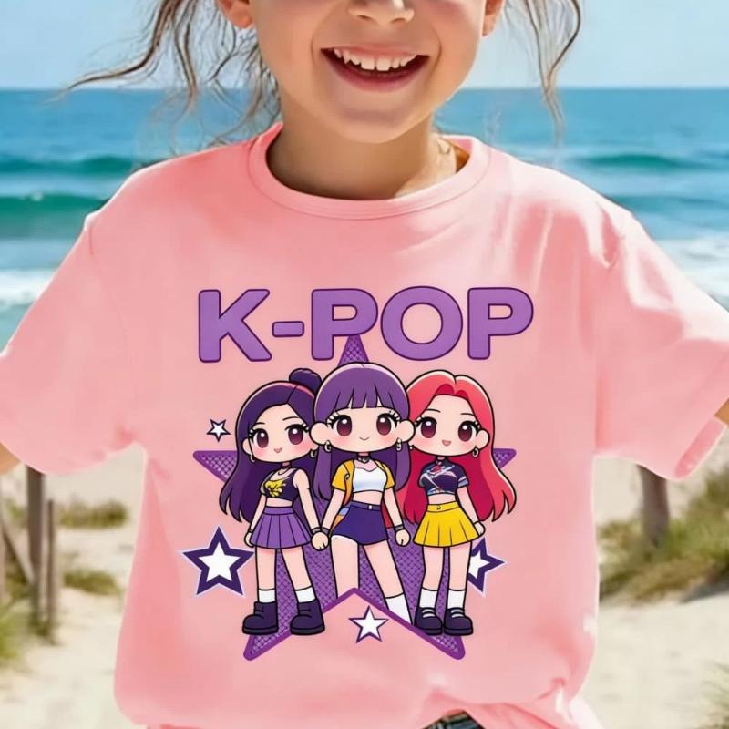 

Kpop Children s T Shirt Cartoon Graphic Short Sleeve Summer Comfortable Top Funny Gift for Fans Harajuku T-Shirts Girls Clothes 130 розовый