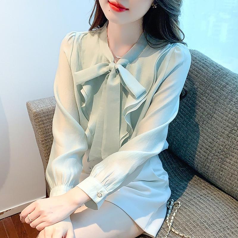 New Fashion Long Sleeve Bow Collar Ruffles Chiffon Blouse Shirt Women Tops J398