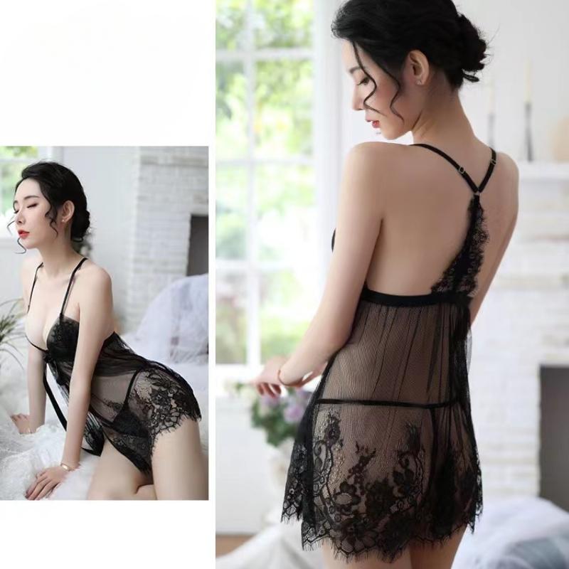 Sexy Lingerie Pajama Suspender Slit Short Night Shirt Hot Lace Sheer Dress Erotic Underwear Sets Transparent Nightgown Thong Set