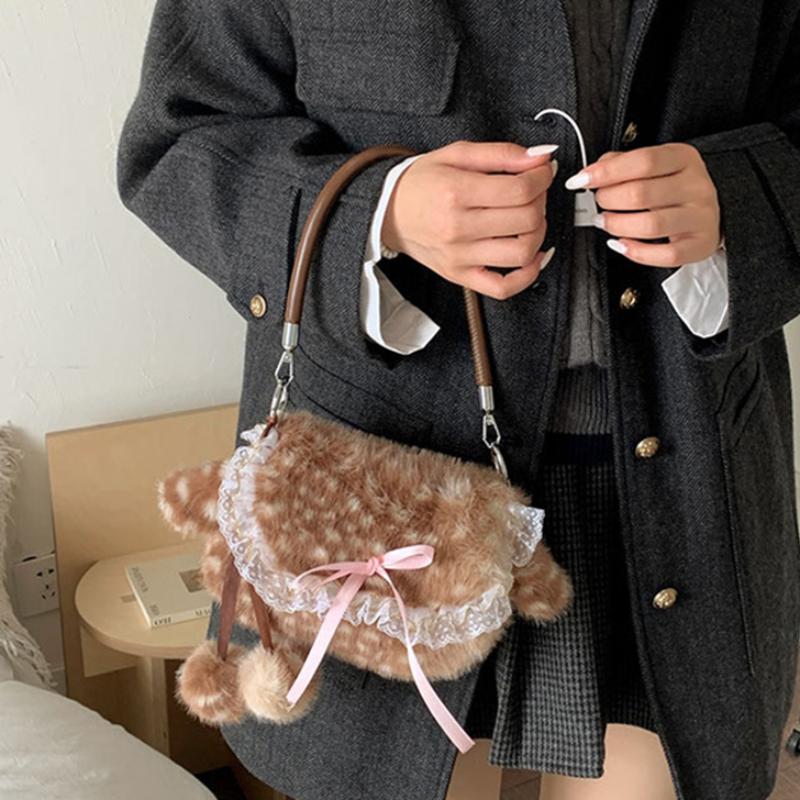 Lolita Plush Handbag Women's Mori Cute Deer Spotted Shoulder Bag Lace Bow Decoration Brown Furry Fluffy Women's Crossbody Bag