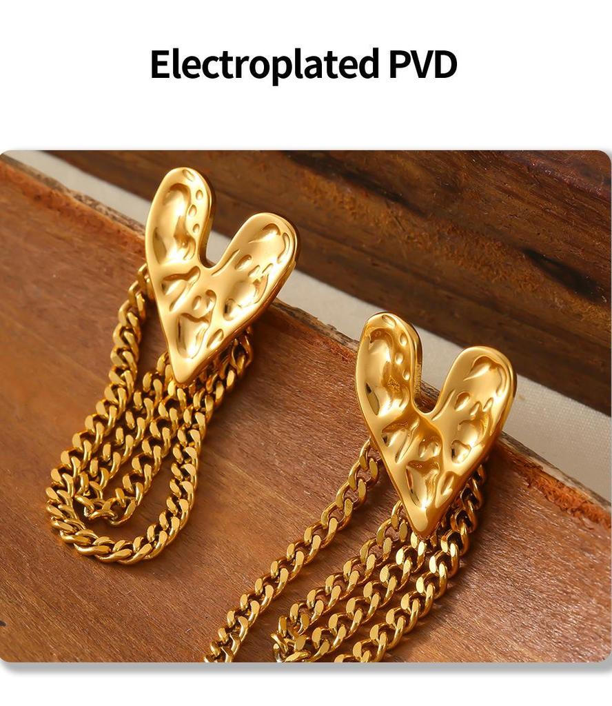 European & American Retro Heart Tassel Earrings - Hammered Texture Stainless Steel