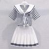 Girls Summer Casual Striped Sailor Collar Short Sleeve Suits 4-14 Years Girls JK Style Fashion Tops+Skirts 2pcs Sets