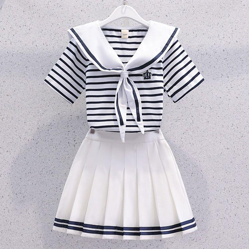 Girls Summer Striped Sailor Collar Set Children s Short Sleeve Preppy Style Girls Summer Wear JK Pleated Skirt Two-Piece 110