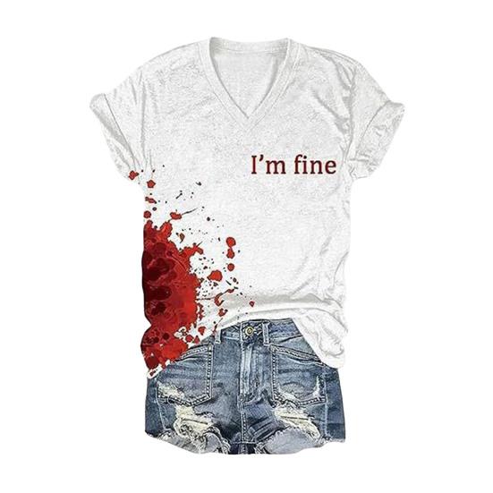 Halloween Blood Shirt Digital Print Blood Stains Text Tee Shirt Women V-neck Tops Casual Wear Funny Horror Clothes