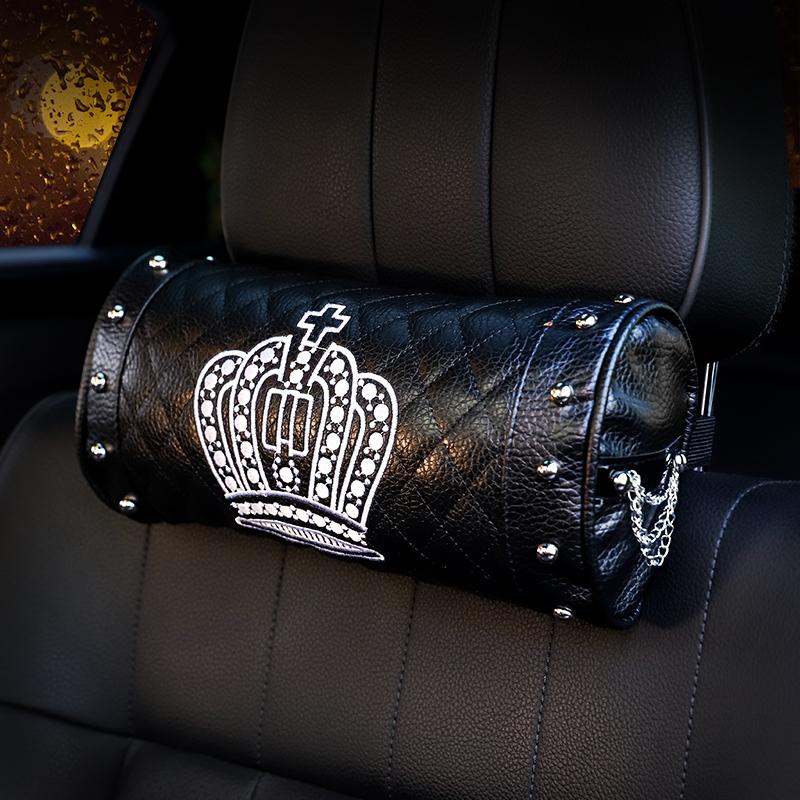 1PC Fashion Rivet Punk Style Car Neck Pillow High Quality Leather Embroidery Crown Auto Headrest Waist Supports Car Accessories