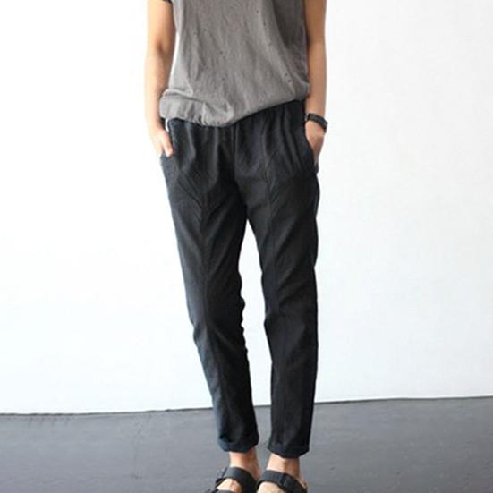 Thin Elastic Waist Women Trousers Side Pockets Drawstring Wide Leg Casual Trousers Ladies Clothing