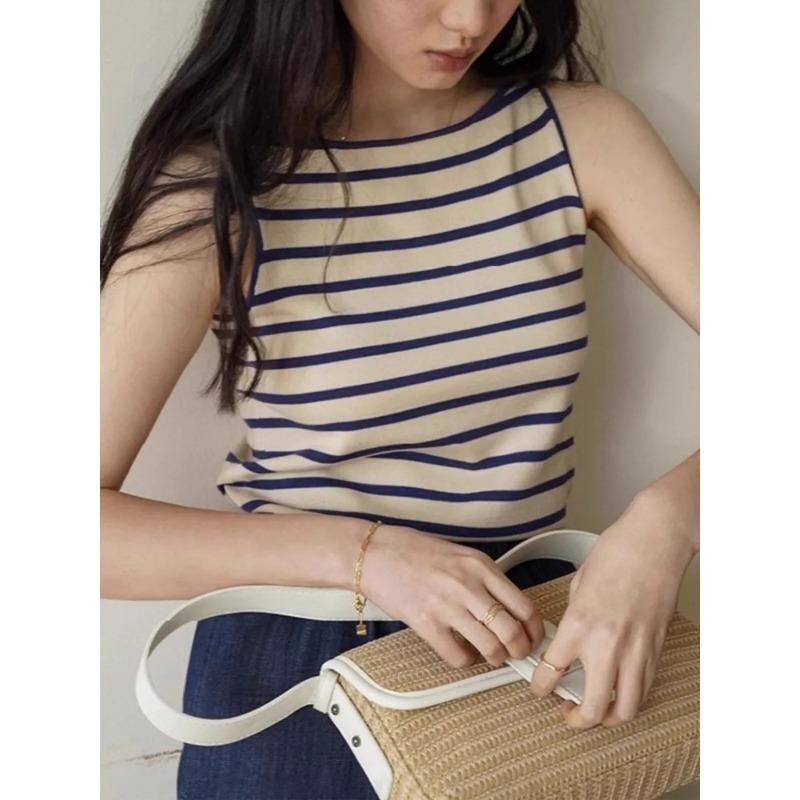 

Women Beige Navy Striped Tank Top Boat Neck Sleeveless Casual Knit Top S синий