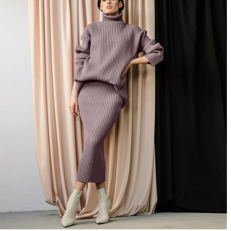 Ribbed Knit Sweater Skirt Set Women Turtleneck Loose Warm Pullover Two Piece Outfit