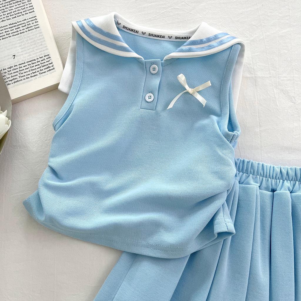 Girls Summer Preppy Bow Shirt And Pleated Skirt Set Fashionable Vest Dress Two Piece Outfit For Kids