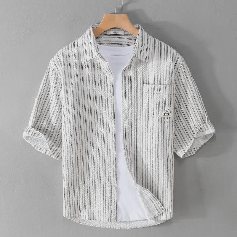 Men's Summer Striped Short-Sleeve Shirt with Bubble Texture - Trendy and Comfortable, Five-Point Sleeves 944