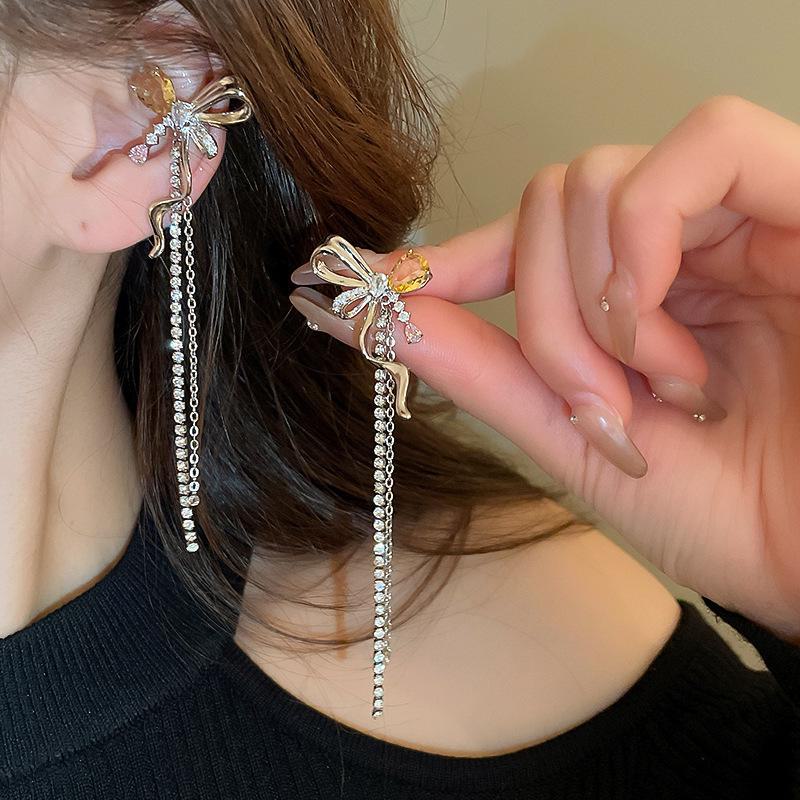 Silver Needle Star & Moon Tassel Ear Clips: Shiny Zircon, Sweet & Cool Style, Non-Pierced