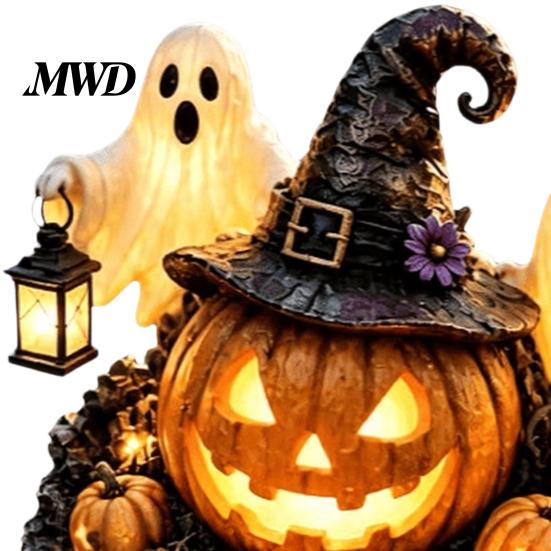 Halloween Porch Lighting Solar Pumpkin Garden Stake Light, Waterproof LED Yard Decoration with Automatic Dusk To Dawn Light Wizard Hat And Ghost,