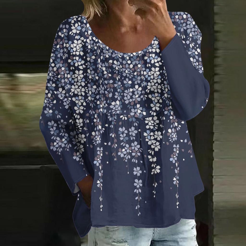 Damen Casual Mode Locker Rundhals Blumenmuster Langarm Oberteil