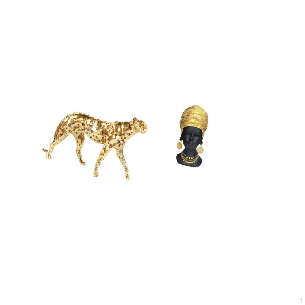 Gold Cheetah Animal Sculpture Table Centerpiece African Woman Statue Tabletop Ornament Resin