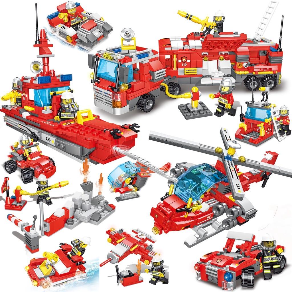 678pcs 8 In 3 City Fire Truck Fighting Building Blocks Set, Warship Deformable Combination Car Model W/8 Fireman Figures Bricks DIY Toys For Children