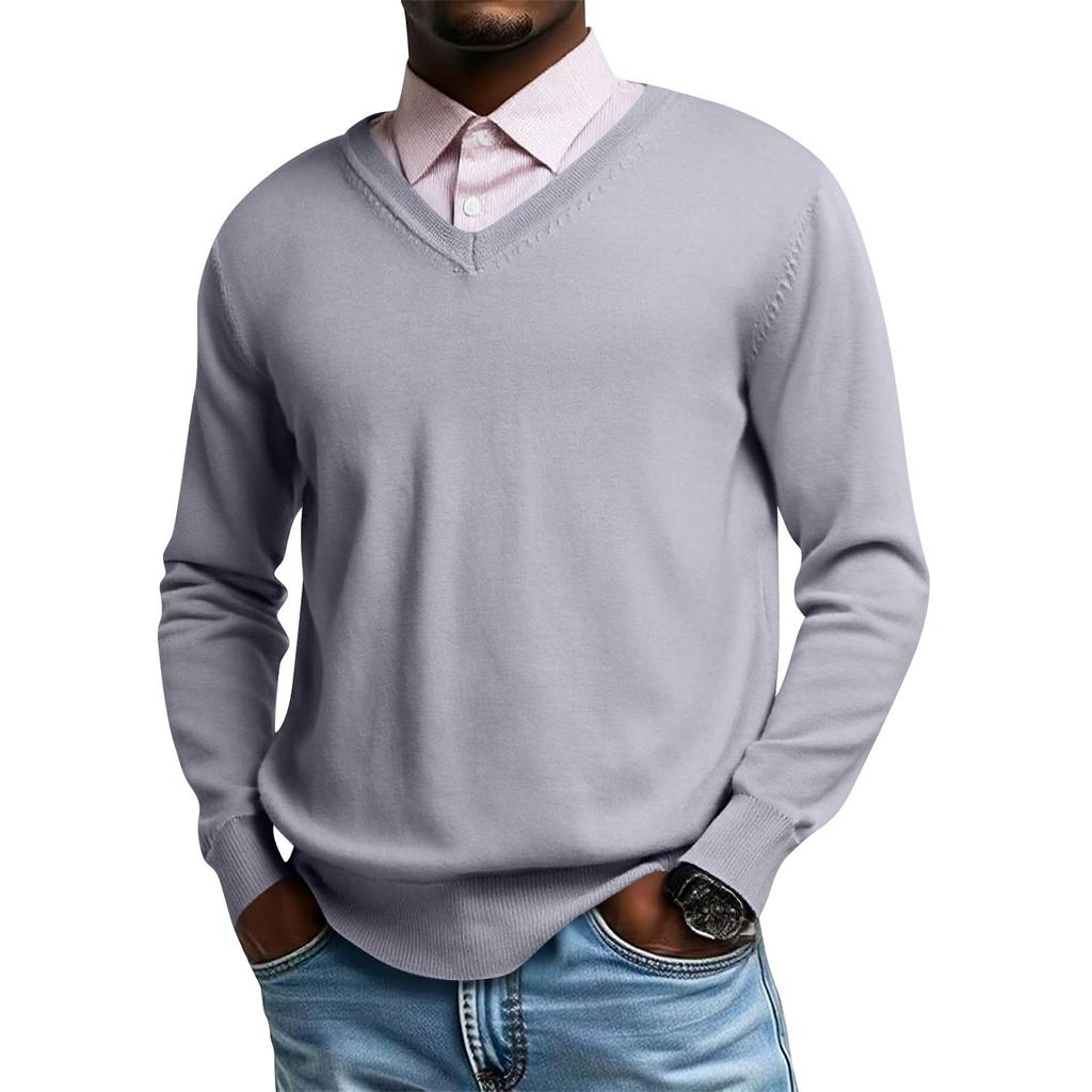 Męski dzianinowy top z dekoltem V i długim rękawem, codzienna wygoda, bluzka z długim rękawem