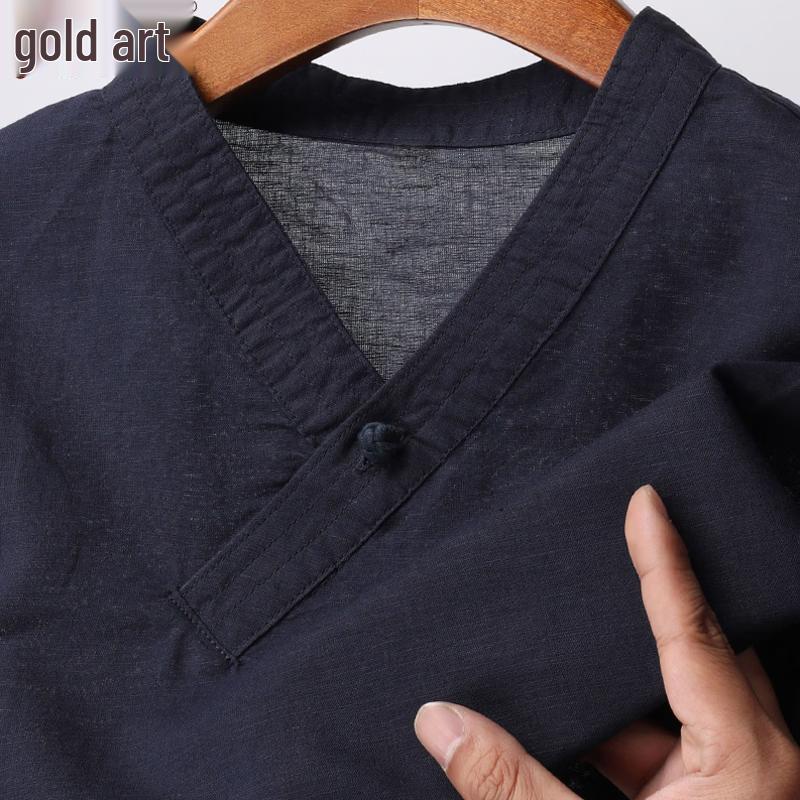 Jinjv Men's V-Neck Linen Blend Short Sleeve T-Shirt