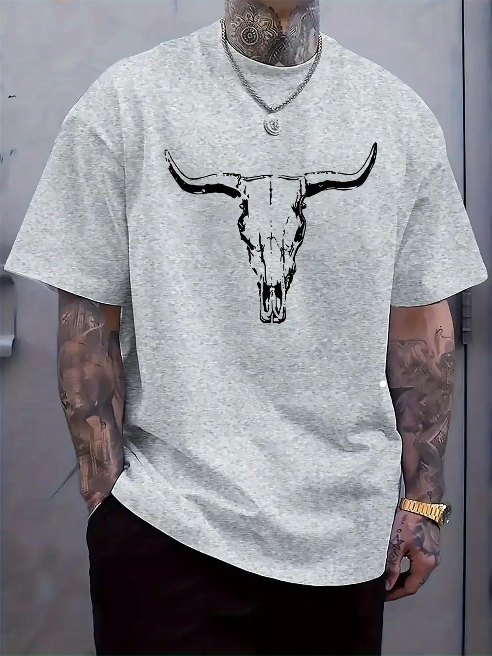 

Black & White Bull Skull Graphic Print T-shirt - Regular Fit Casual Short Sleeve Round Neck Tee for Summer XXL