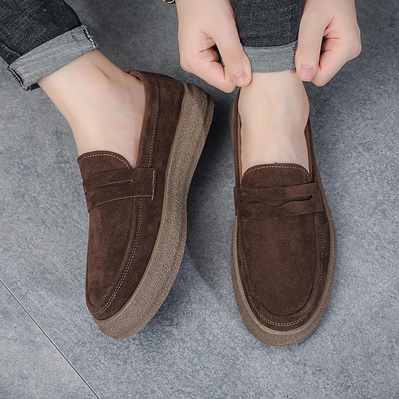 Retro Brown Men's Casual Shoes Suede Leather Loafers Man Comfortable Platform Driving Shoes Men Moccasins