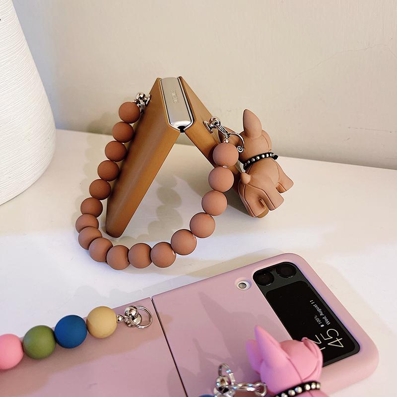 Cute 3d Cartoon Dog Charm Phone Case For Samsung Galaxy Z Flip 3 5g Korea Solid Color Beads Bracelet Full Protection Cover
