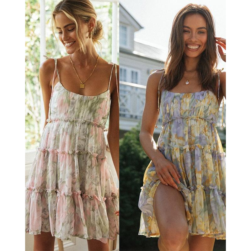 Women's Floral Print Cami Maxi Dress Tie Waist Flowy A-Line Beach Vacation