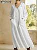 Spring New Loose Casual Solid Color V-Neck Pocket Long Sleeve Cotton Linen Dress