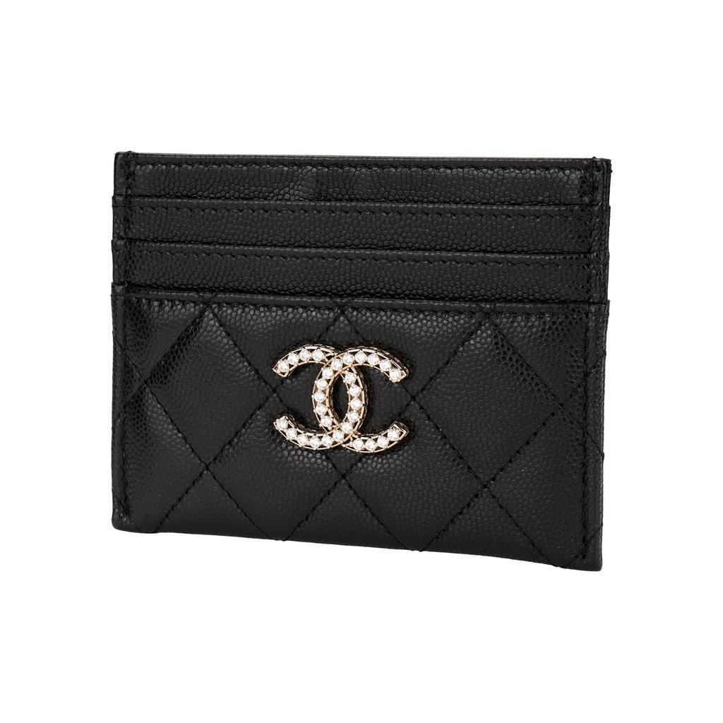 CHANEL 25S classic brand logo  diamond pattern design  grainy leather  card holder  women's style  black