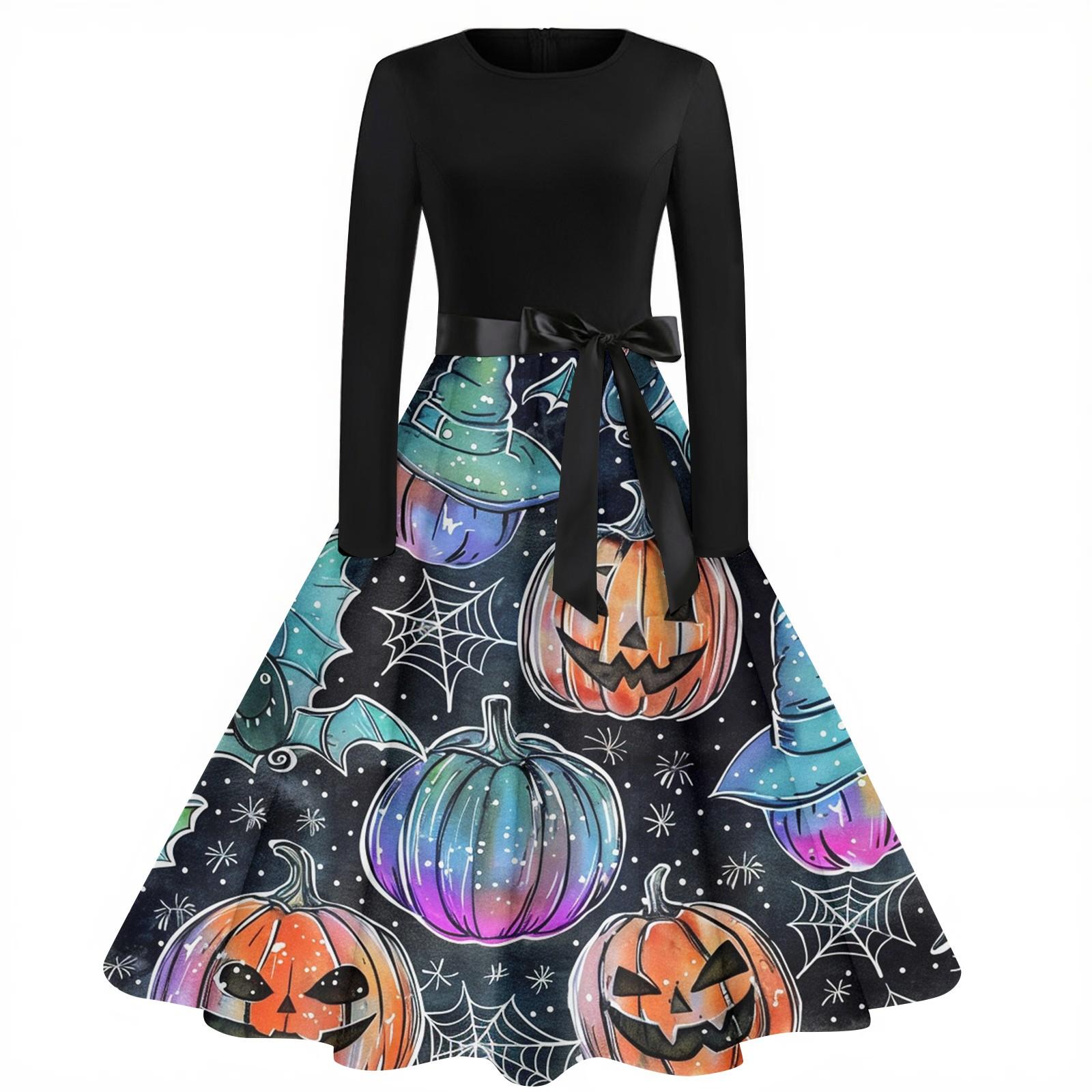 

Женское модное винтажное платье с длинным рукавом и круглым вырезом с принтом на Хэллоуин для вечеринки L