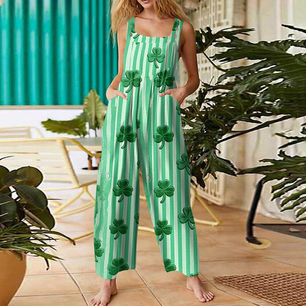 Womens Casual Overalls Jumpsuits Adjustable Straps Sleeveless Print Comfy Rompers With Pocket